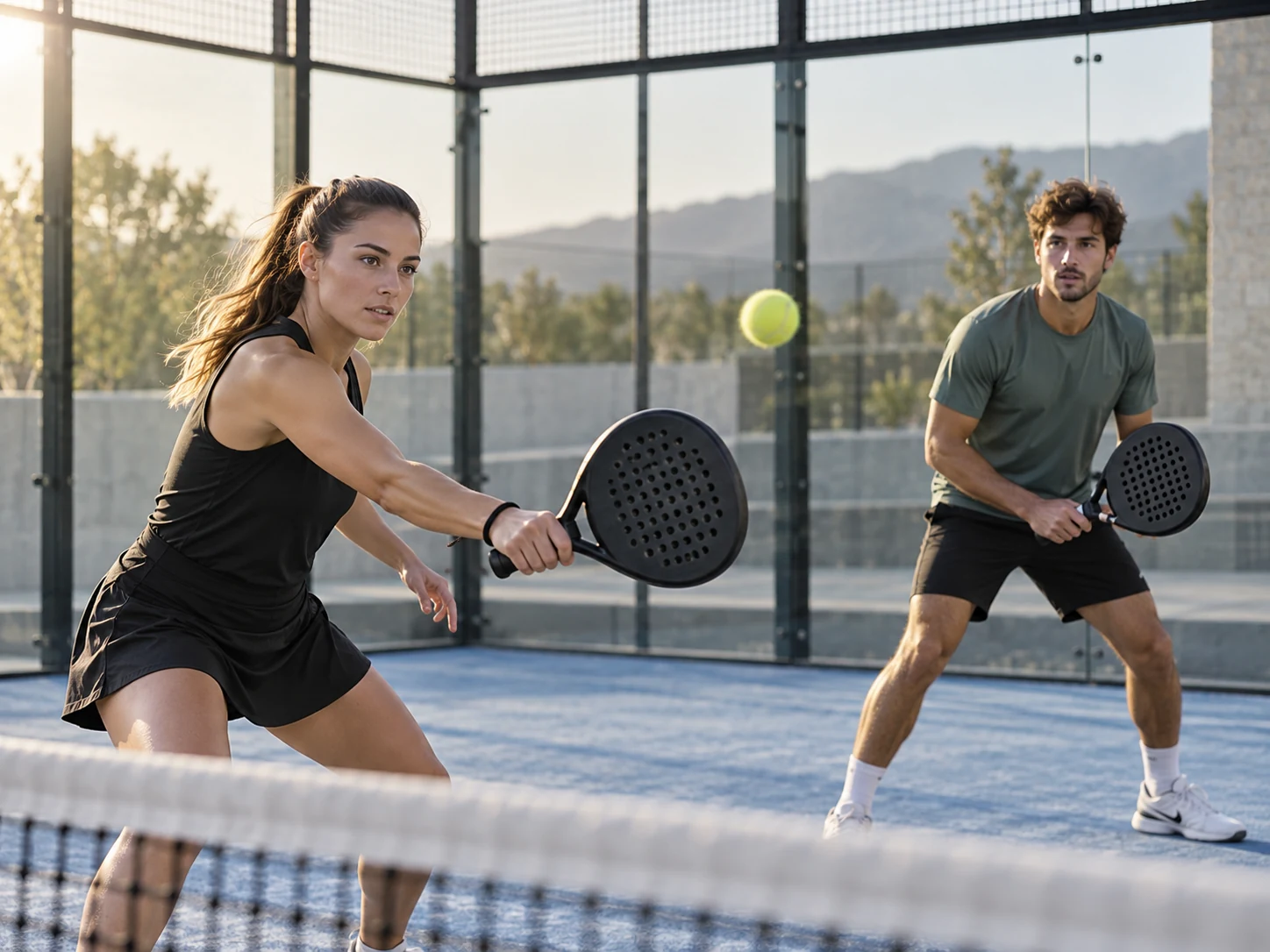 Jugadores en una cancha de pádel durante un intercambio