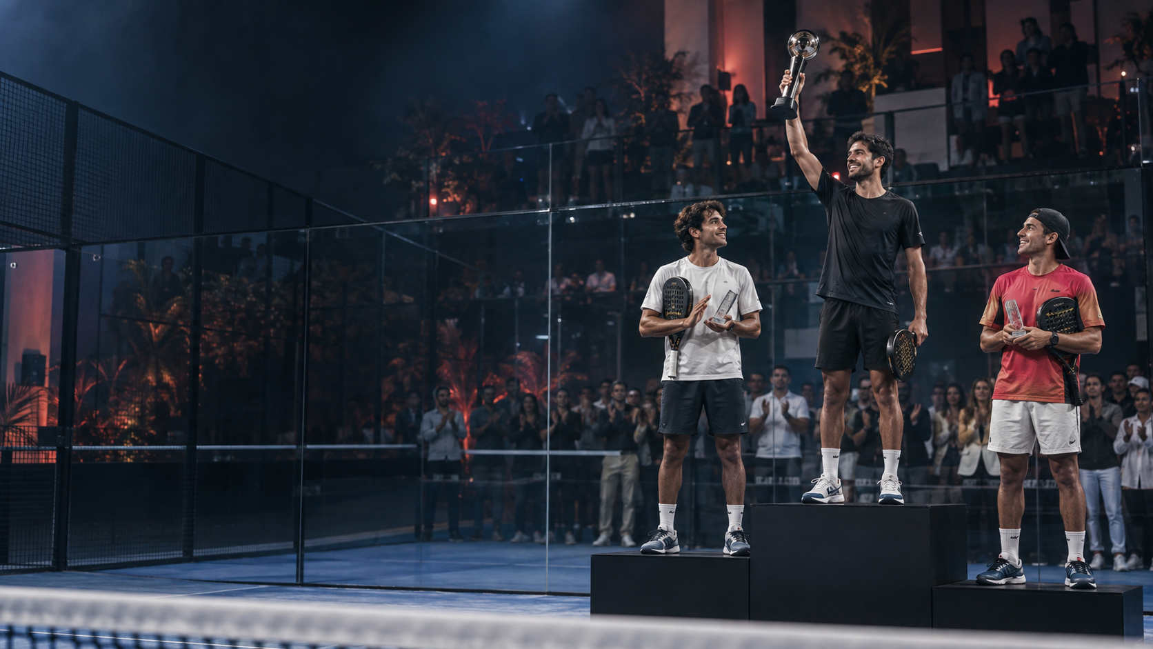 Podio de un torneo de pádel frente a espectadores